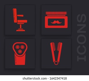 Set Curling iron for hair, Barbershop chair, Cream or lotion cosmetic jar and Electrical hair clipper or shaver icon. Vector