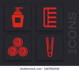 Set Curling iron for hair, Bottle of shampoo, Hairbrush and Towel rolls icon. Vector
