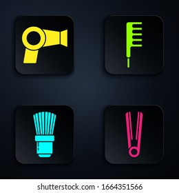 Set Curling iron for hair, Hair dryer, Shaving brush and Hairbrush. Black square button. Vector