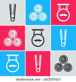 Set Curling iron for hair, Towel rolls and Barbershop icon. Vector
