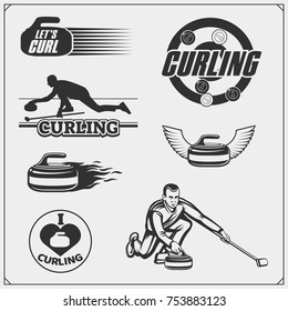 Set of curling labels, emblems and design elements.