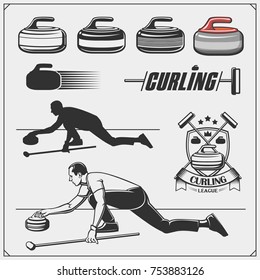 Set of curling labels, emblems and design elements.