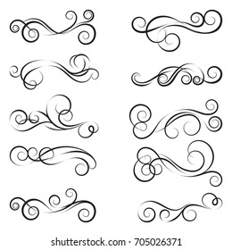 Set of curls and scrolls. Beautiful decorative elements for frames. Elegant black and white swirl vector illustration. 