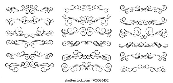 Set of curls and scrolls. Beautiful decorative divider elements for frames and books. Elegant black and white swirl vector illustration. 