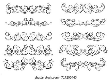 Set of curls and scrolls. Calligraphic dividers with stars. Decorative design border elements for frames and books. Elegant swirl vector illustration. 