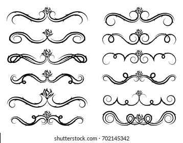 Set of curls and scrolls with roses. Swirl floral set of vector graphic elements for design, postcard, menu, wedding invitation, romantic style. Vector illustration dividers and borders.