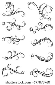Set of curls and scrolls with stars. Fun decorative elements for frames. Elegant swirl vector illustration. 
