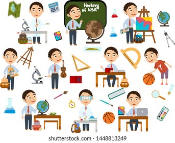 Set curly boy. School student in different lessons: science, history, sports, art, maths, English, information technology, music. Conducting experiments. Cute Vector Illustration