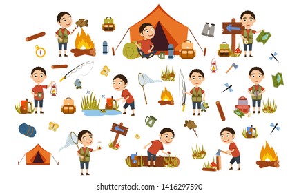 Set curly boy tourist on nature. Camping. Overnight, overnight in a tent, picking mushrooms, fun and relaxation. Children's camp. Scouts. Cute Vector Illustration
