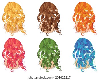 Set of curly hair styles in different colors. 