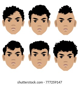 Set of curly haired guys with different black hairstyles. Vector illustration.