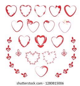 Set of curly hearts with romantic elements. Isolated objects on white background. Vector