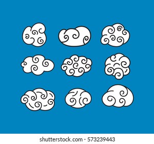 Set of curly white hand drawn clouds. Elements of design. Vector illustration