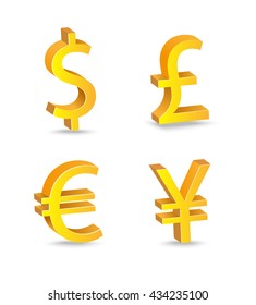 Set of currency bill signs on a white background. US dollar, Great British pound, Japanese Yen, Euro. Vector golden illustartion