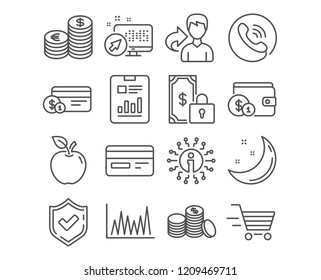 Set of Currency, Buying accessory and Payment method icons. Private payment, Credit card and Line graph signs. Banking currency money, Delivery shopping and Report document symbols. Vector