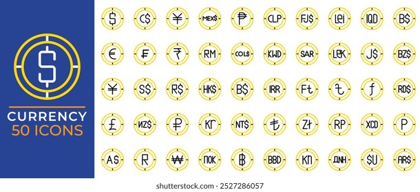 Set currency color outline icons. editable stroke sign, money symbol payment, finance business.