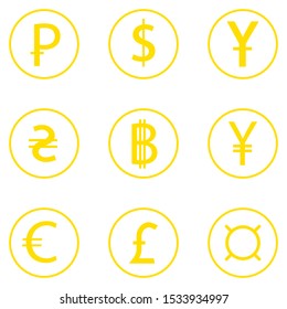 Set of currency currencies. Dollar, Euro, Russian ruble, Ukrainian hryvnia, Bitcoin. On a white background. Vector