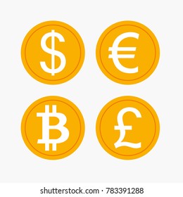 Set of currency. Dollar. Euro. Bitcoin. Pound. Cryptocurrency. Vector icons of coins.