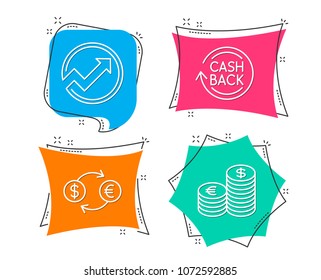 Set of Currency exchange, Audit and Cashback icons. Currency sign. Banking finance, Arrow graph, Refund commission. Euro and usd.  Flat geometric colored tags. Vivid banners. Trendy graphic design