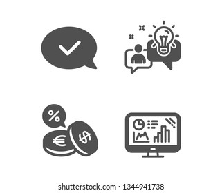 Set of Currency exchange, Idea and Approved message icons. Analytics graph sign. Euro and usd, Solution, Accepted chat. Growth report.  Classic design currency exchange icon. Flat design. Vector