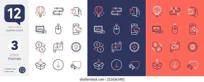 Set of Currency exchange, Methodology and Scroll down line icons. Include Map, Swipe up, Alarm clock icons. Idea, Send box, Megaphone web elements. Incoming call, Air balloon, Photo studio. Vector