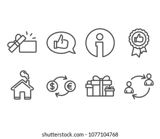 Set of Currency exchange, Positive feedback and Feedback icons. Opened gift, Holiday presents and User communication signs. Banking finance, Award medal, Speech bubble. Vector