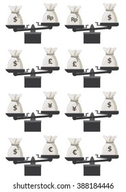 set of currency exchange rate (dollar, rupiah, euro, yen and pound) on balancing beam. flat vector illustration