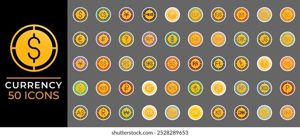Set currency gradient fill icons. world financial coins, with modern style, suitable for interfaces and logos.