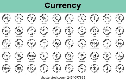 Set of currency icons. Linear style icon bundle. Vector Illustration