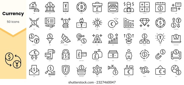 Juego de divisas Iconos. Paquete de iconos de estilo de arte de línea simple. Ilustración del vector
