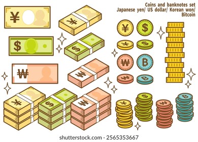 A set of currency illustrations featuring the yen, dollar, won, and bitcoin. Colorful and cute illustrations for student teaching materials.