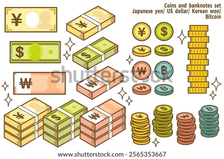 A set of currency illustrations featuring the yen, dollar, won, and bitcoin. Colorful and cute illustrations for student teaching materials.