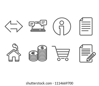 Set of Currency, Market sale and Internet chat icons. Sync, File and Article signs. Euro and usd, Customer buying, Online communication. Synchronize, Paper page, Feedback. Vector