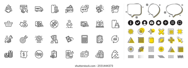 Set of Currency, Pay money and Cyber attack line icons for web app. Design elements, Social media icons. Checklist, Free delivery, Accounting icons. Bitcoin, Bill accounting, Discount signs. Vector