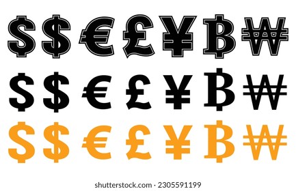 Set of currency symbol in objects isolated on white background