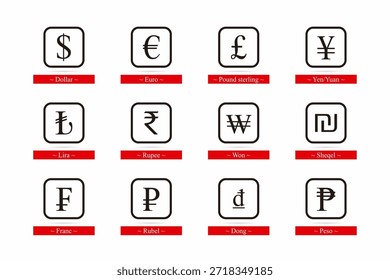 Set of Currency Symbol in Square Background
