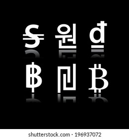 Set of currency symbols in black background 