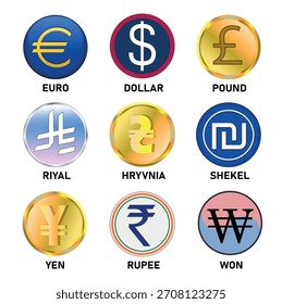 Conjunto de símbolos de moneda de diferentes países. Ilustración vectorial