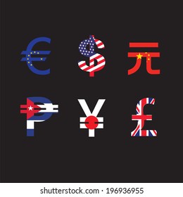 Set of currency symbols with flag in black background 