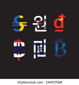 Set of currency symbols with flag in black background 