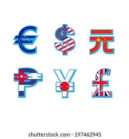 Set of currency symbols with flag in white background 