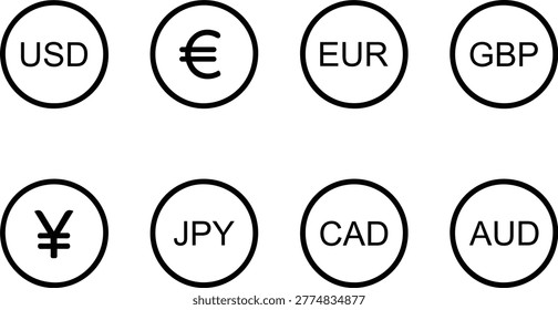 A set of currency symbols representing USD, EUR, GBP, JPY, CAD, and AUD, presented as black silhouettes within circular frames. The image features a clean, minimalist style.
