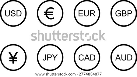 A set of currency symbols representing USD, EUR, GBP, JPY, CAD, and AUD, presented as black silhouettes within circular frames. The image features a clean, minimalist style.
