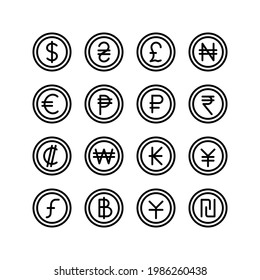 Conjunto De Iconos Vectores De Moneda De Diferentes Países. Con estilo de línea. Se puede usar para negocios, finanzas, presentaciones, sitios web y más.