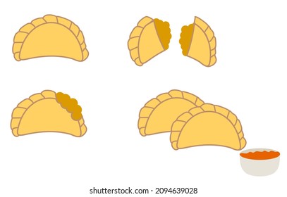 Set of curry puff.Crunchy pastry shell.Karipap is malaysia snack.A small pie.Cute sign, symbol, icon or logo isolated.Cartoon vector illustration.Flat design.Clipart.Food for menu.Empanadas.