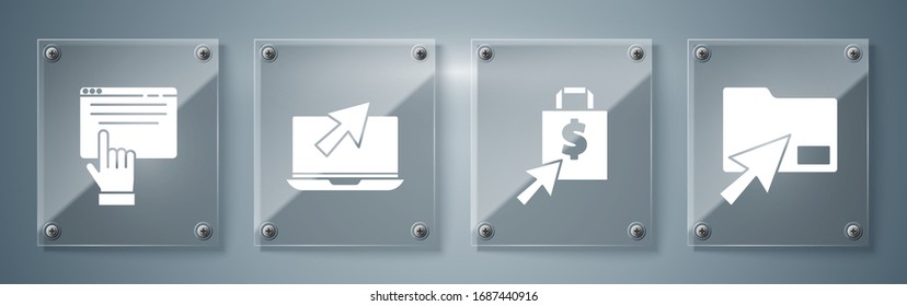 Set Cursor click document folder, Shoping bag and dollar, Laptop and cursor and Online shopping on screen. Square glass panels. Vector