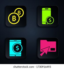 Set Cursor click document folder, Cryptocurrency coin Bitcoin, Tablet with dollar and Smartphone with dollar. Black square button. Vector