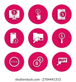 Set Cursor click document folder, Cryptocurrency coin Bitcoin, Buy button, Magnifying glass and dollar, Sold label, Smartphone with, Tablet and Computer monitor icon. Vector