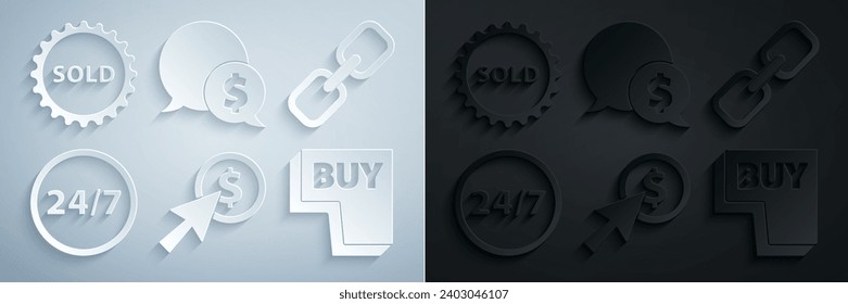 Set Cursor and coin, Chain link, Clock 24 hours, Buy button, Speech bubble with dollar and Sold label icon. Vector