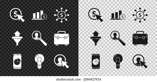 Set Cursor and coin, Dollar, share, network, Mobile phone with, Light bulb concept of idea, User man business suit, Sales funnel arrows and Magnifying glass for search people icon. Vector
